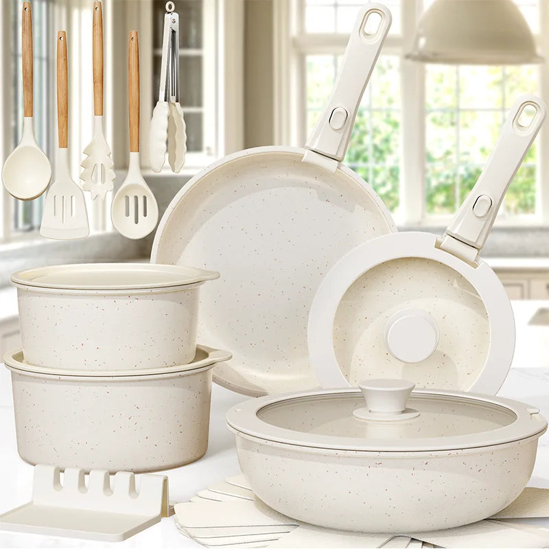 21 Piece Pots and Pans Set Non-Stick, Ceramic Cookware Set with Sensor Handles, Milky white