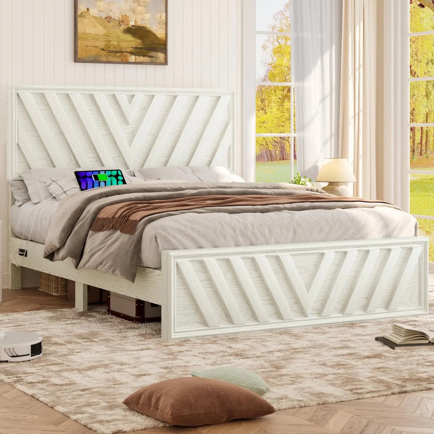 Queen or Full Bed with Adjustable Headboard, Farmhouse Platform Bed Wood with LED Light and Charging Station, 2 Color Choices