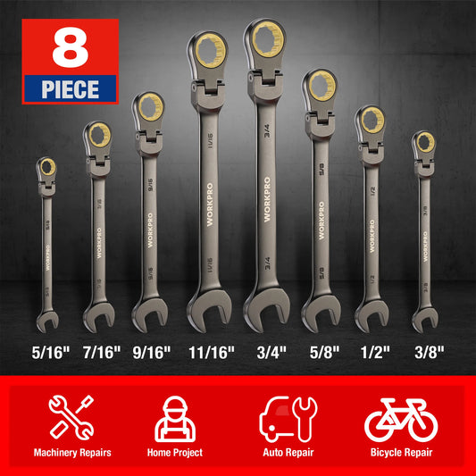 8pcs Flex-Head Ratcheting Combination Wrench Set, SAE 5/16-3/4 in 72-Teeth CR-V Constructed, Choice of 14 different Sets