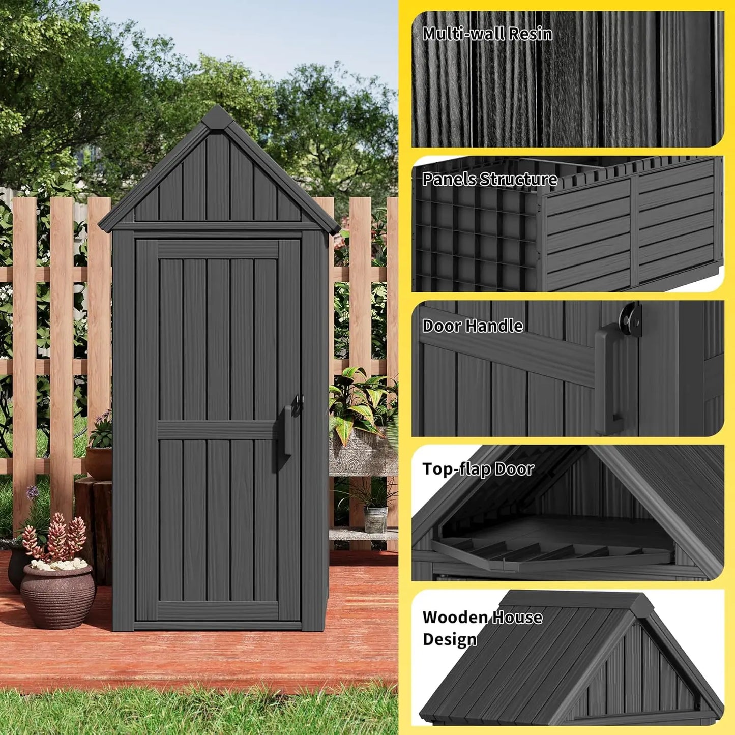 Outdoor Resin Storage Shed, Durable Cabinet with Removable Shelves and Lock Ring