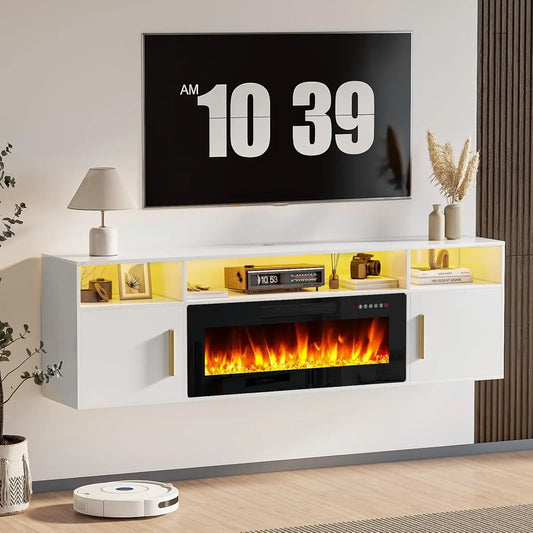 Floating Fireplace TV Stand 70'' ,  with LED Lights and Remote