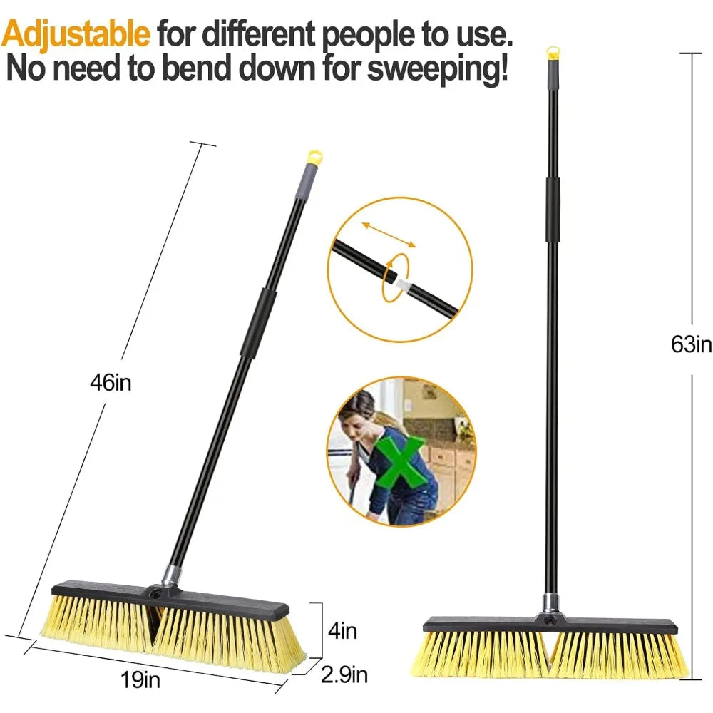 3 Pcs Push Brooms, Different Widths, Outdoor- Heavy Duty with 63" Long Handle