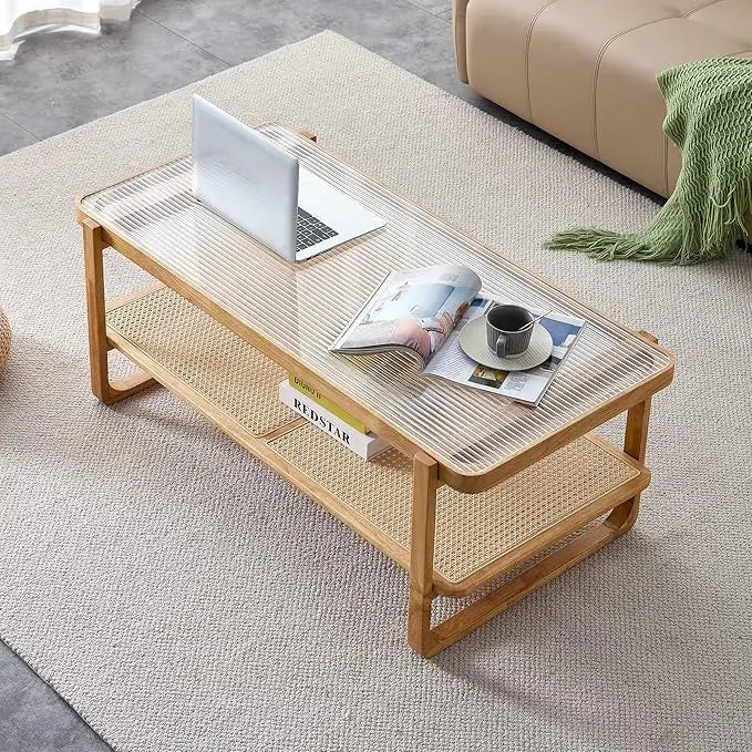 Rattan Coffee Table with Tempered Glass Top, Storage Shelf