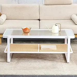 Rattan Coffee Table with Tempered Glass Top, Storage Shelf
