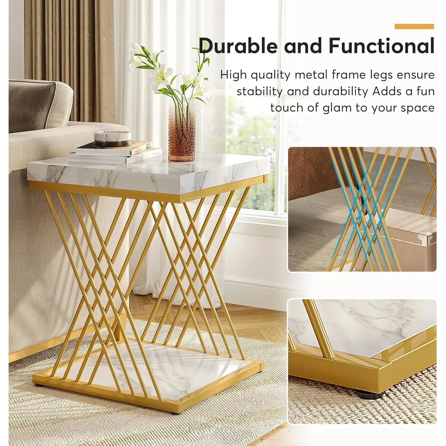 Square End Table, White and Gold 2-Tier, Side Table, Modern Bedside Table with Storage ( Marble Veneer - White+Gold)
Choice of 2 Styles