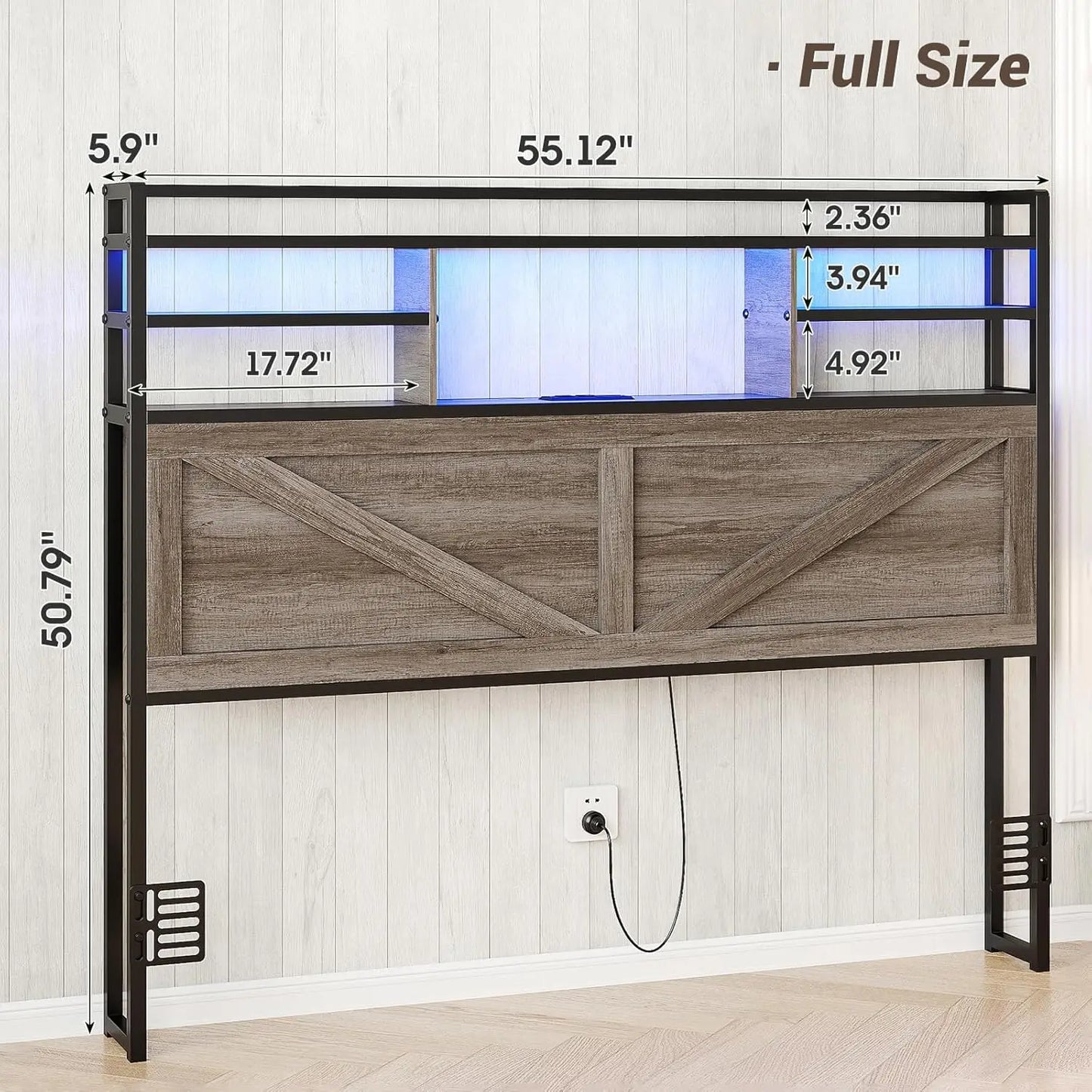 Wood and Metal Headboard for Full Size Bed with Storage, Sturdy