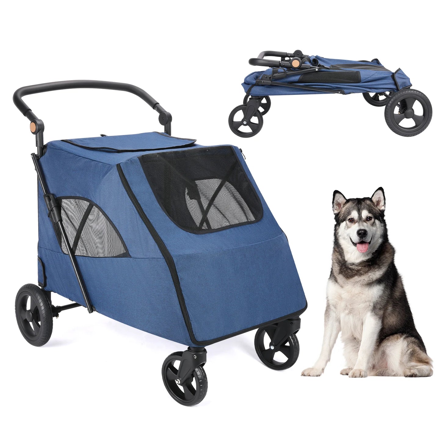 360° Swivel Breathable Pet Stroller-4 Wheels Rotate, Brakes, Height-Adjustable for Medium, Large Dogs