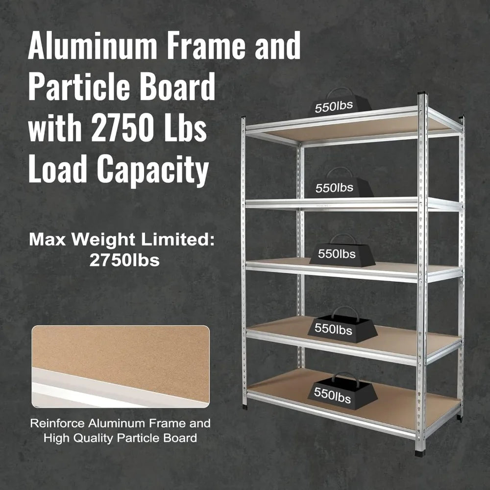 5-Tier Storage Shelving Unit, 48”W x 24”D x 72”H, Adjustable, Heavy Duty Aluminum Alloy Shelf, 2750 lbs Load Capacity
