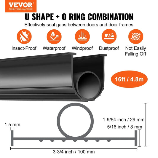 Universal Garage Door Seal Weather Stripping Kit, 16ft Rubber Insulation Strip, Easy Install Dust Air Moisture Barrier-T-Shaped