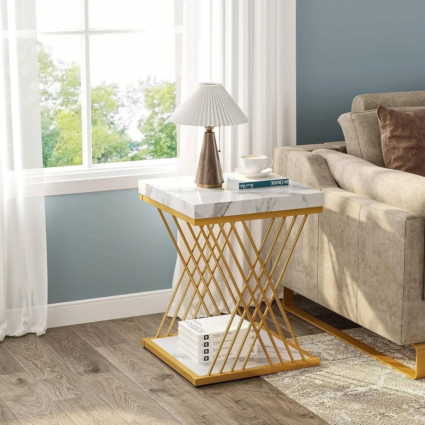 Square End Table, White and Gold 2-Tier, Side Table, Modern Bedside Table with Storage ( Marble Veneer - White+Gold)
Choice of 2 Styles