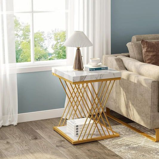 Square End Table, White and Gold 2-Tier, Side Table,  Modern Bedside Table with Storage ( Marble Veneer - White+Gold) 
Choice of 2 Styles