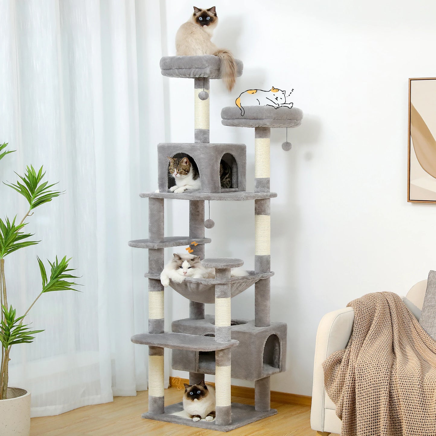 Large Cat Tree and Tower for Indoor Cats With Sisal-Covered Scratching Posts, Spacious Hammock Padded and Cat Toys