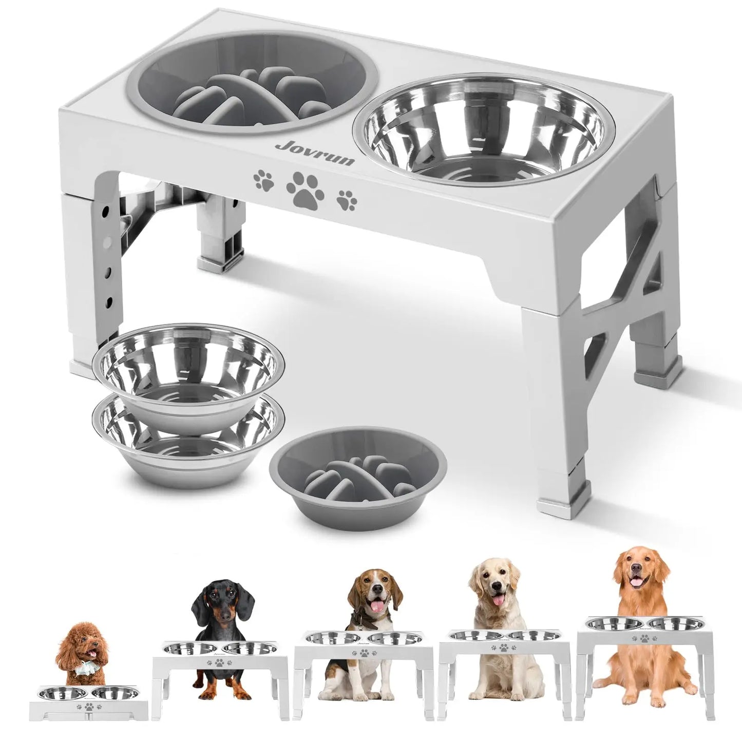 Adjustable Elevated Dog Bowls Stand with 2 Stainless Steel Bowls, and a Slow Feeder Bowl, Non Slip Feet, Dishwasher Safe for Medium/Large Dogs, White, Black or Gray