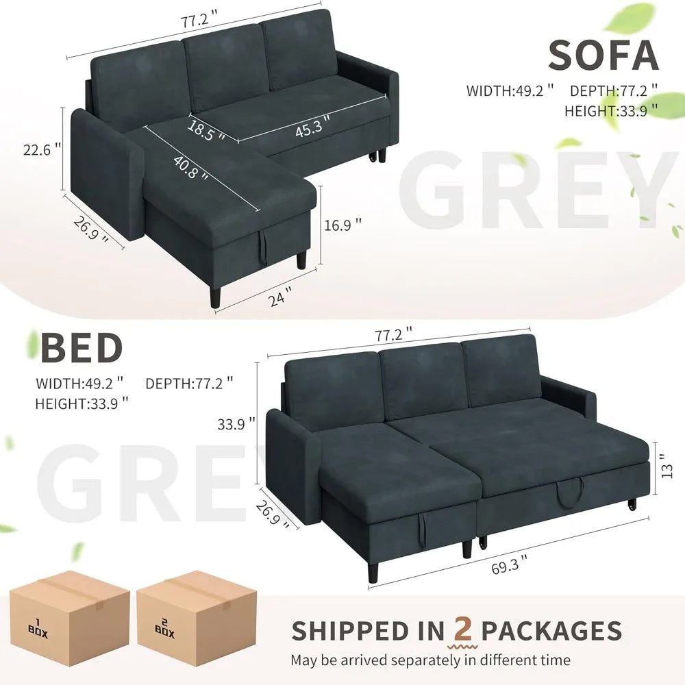 Sectional Sofa Bed -L Shaped Sleeper Sofa Bed with Storage, Reversible Sectional, 5 Color Choices