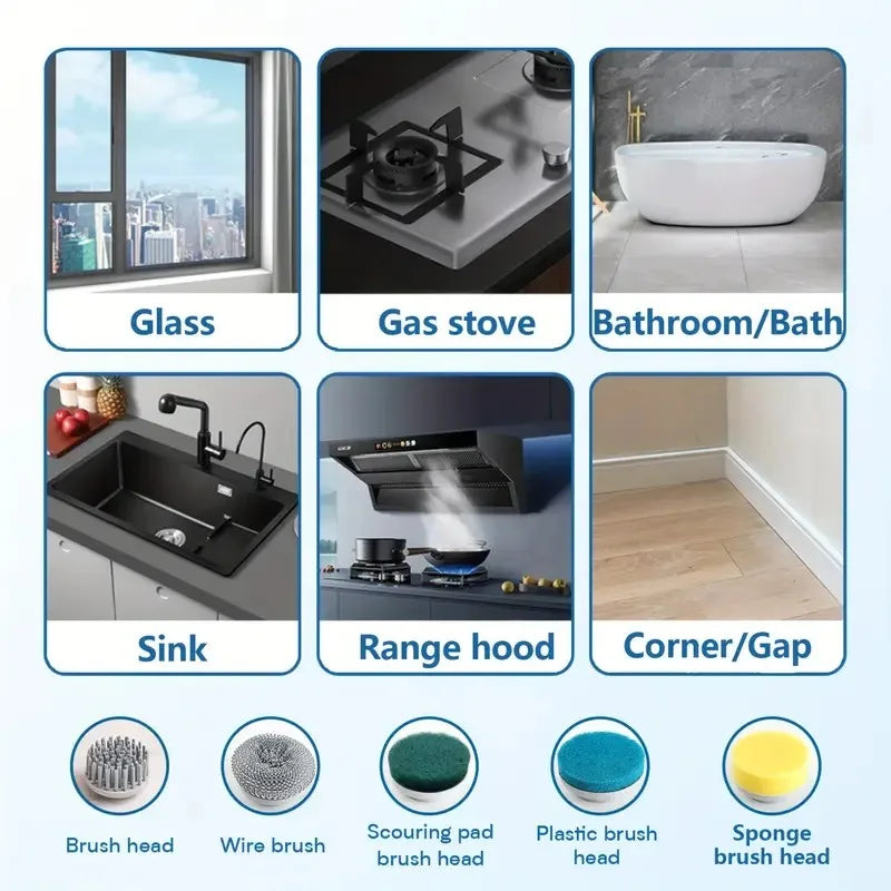 Electric Spin Scrubber, Cordless Shower Scrubber with Battery Level Display, 3 Speeds, Electric Scrubber with 5 Different Heads