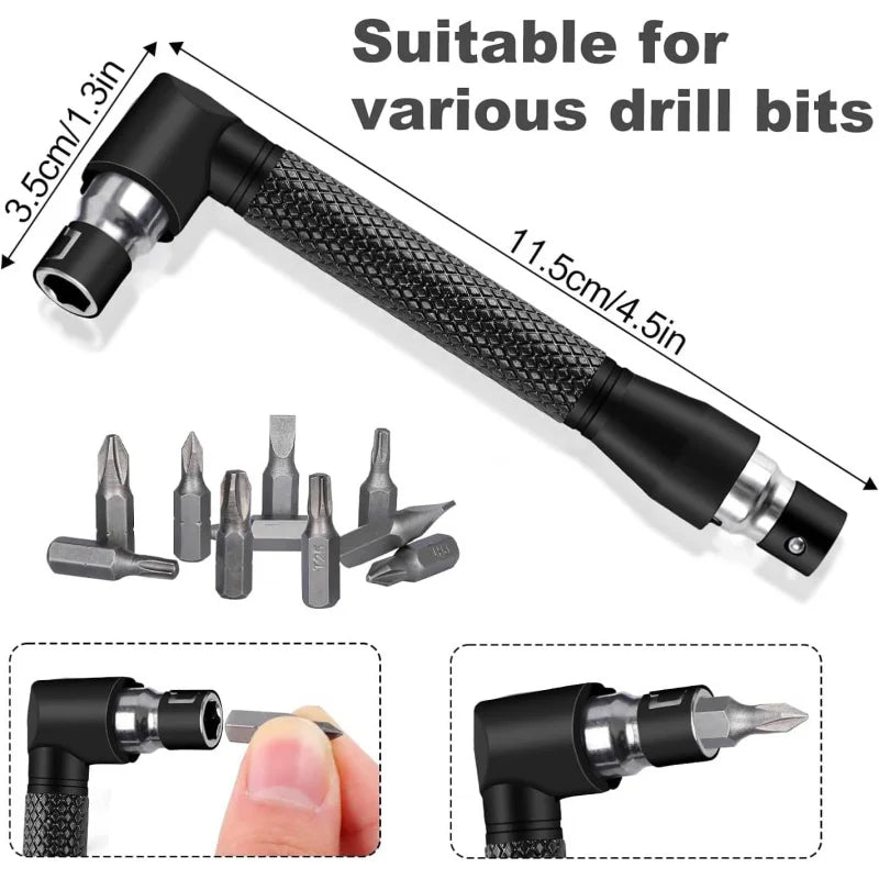 6Pcs Right Angle Drill Attachments: Includes 2Pcs Hex Shank,105° Angle Drill Adapter and 90° Angled Bits-3Pcs Drill-Bit-Kit