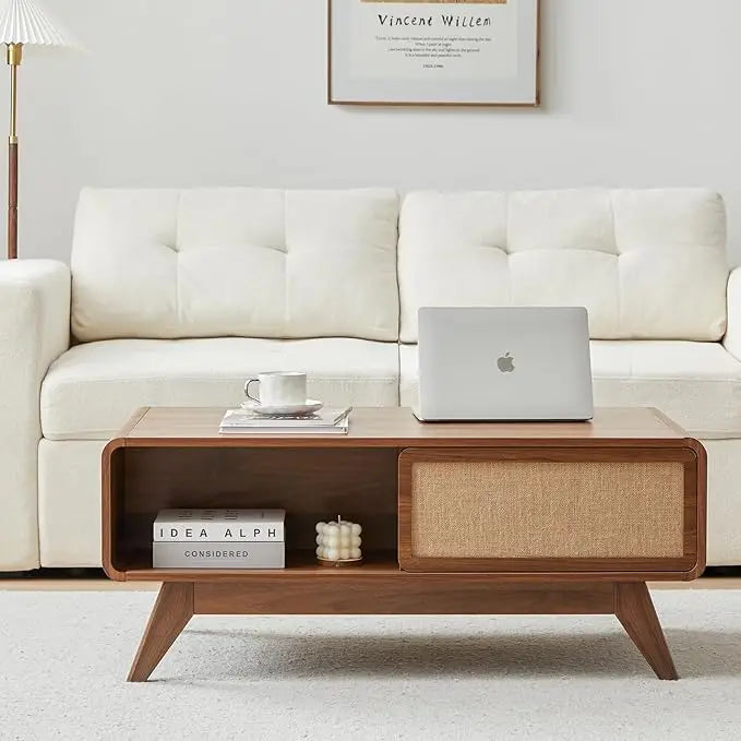 Modern Coffee Table with Sliding Linen Door Panel And Storage