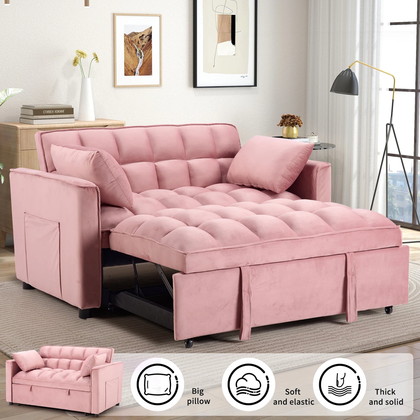3-In-1 Multifunctional Modern Sofa Bed, Comfortable Double Sofa With Pillows, 5 Colors Choices