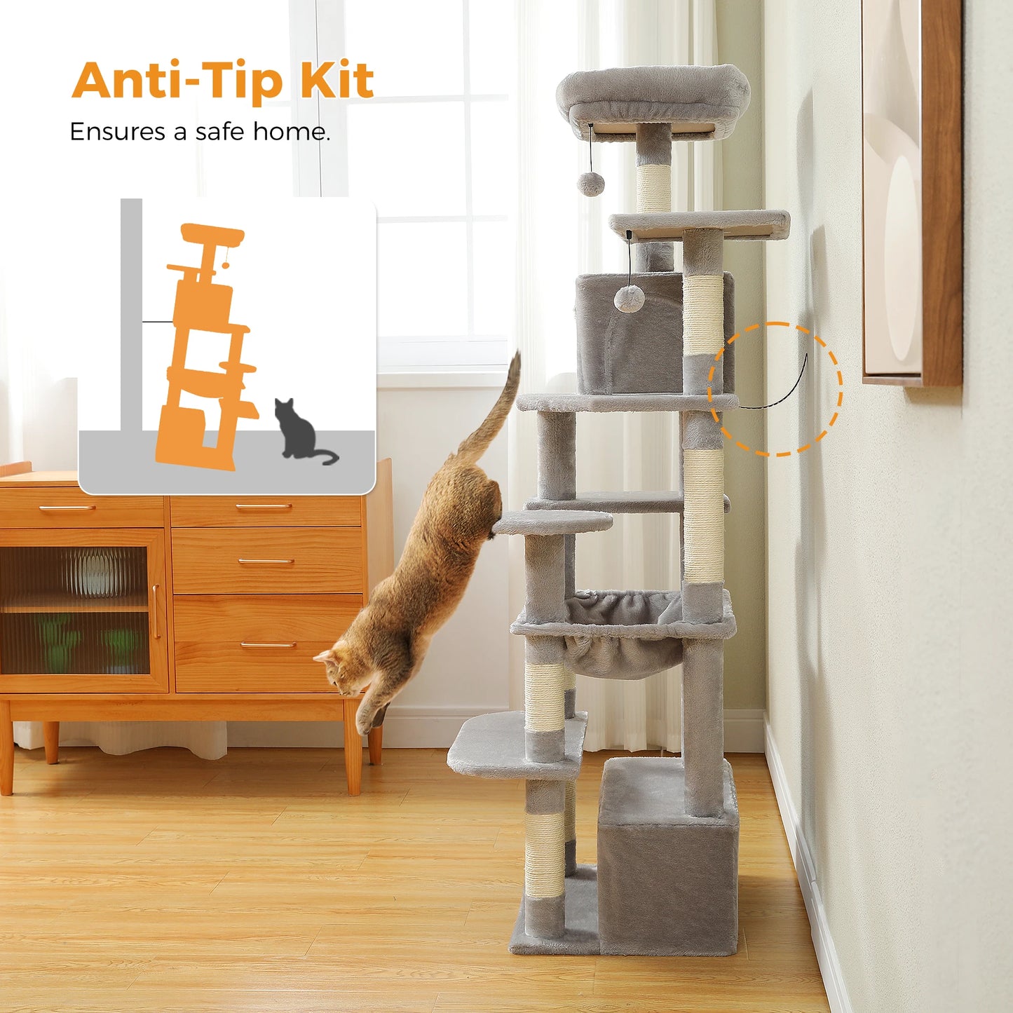 Large Cat Tree and Tower for Indoor Cats With Sisal-Covered Scratching Posts, Spacious Hammock Padded and Cat Toys