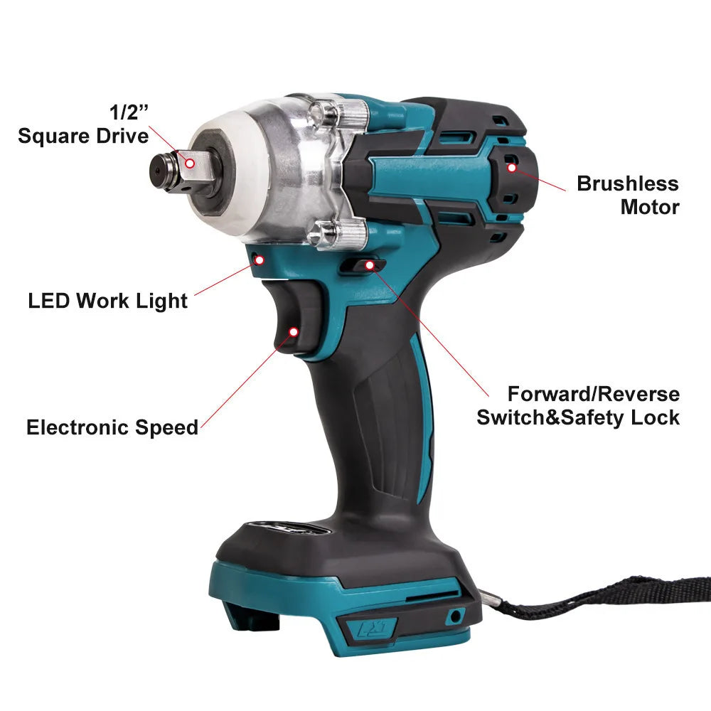 18V Electric Brushless Impact Wrench with Light, Rechargeable, 1/2 inch, Cordless, Battery Not Included, High Power Impact