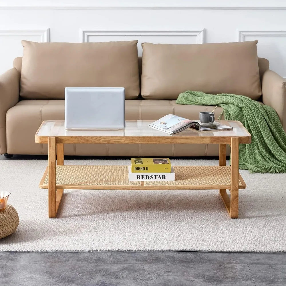 Rattan Coffee Table with Tempered Glass Top, Storage Shelf