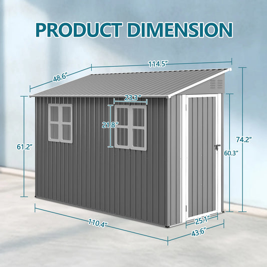 4x10 FT Galvanized Steel Outdoor Shed – Weatherproof, Lockable Storage w/Sloping Roof, Windows