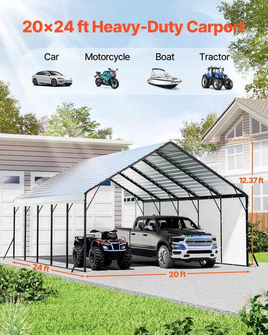 2025-20x24 ft Heavy Duty Metal Carport with Removable PE Sidewalls, Steel Frame
