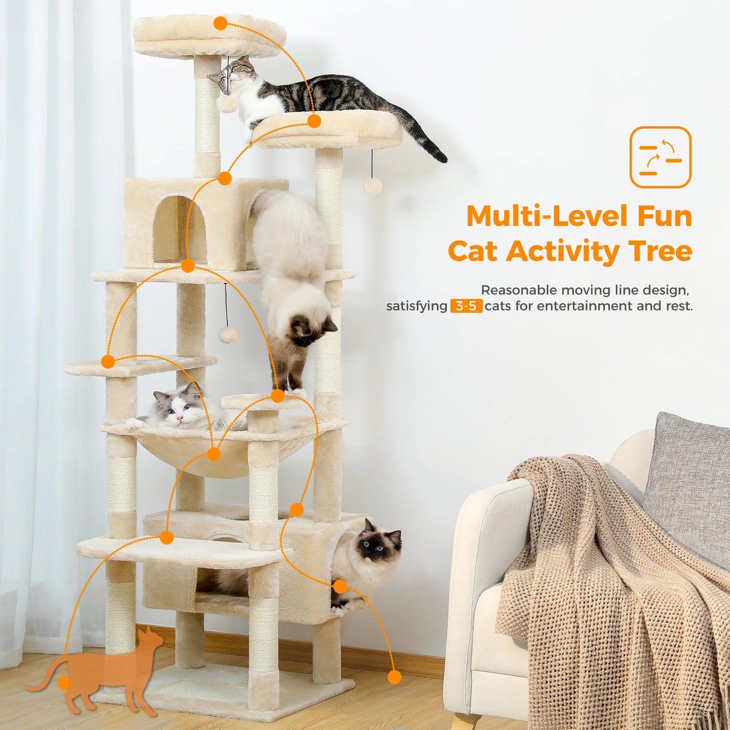 Large Cat Tree and Tower for Indoor Cats With Sisal-Covered Scratching Posts, Spacious Hammock Padded and Cat Toys