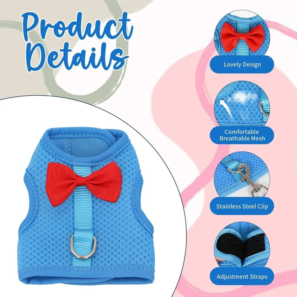 Bunny Harness and Leash Set with Cute Bow, Soft, Breathable Mesh Vest/Harness for Rabbits, Kittens, Ferrets, Small Pigs, Puppies