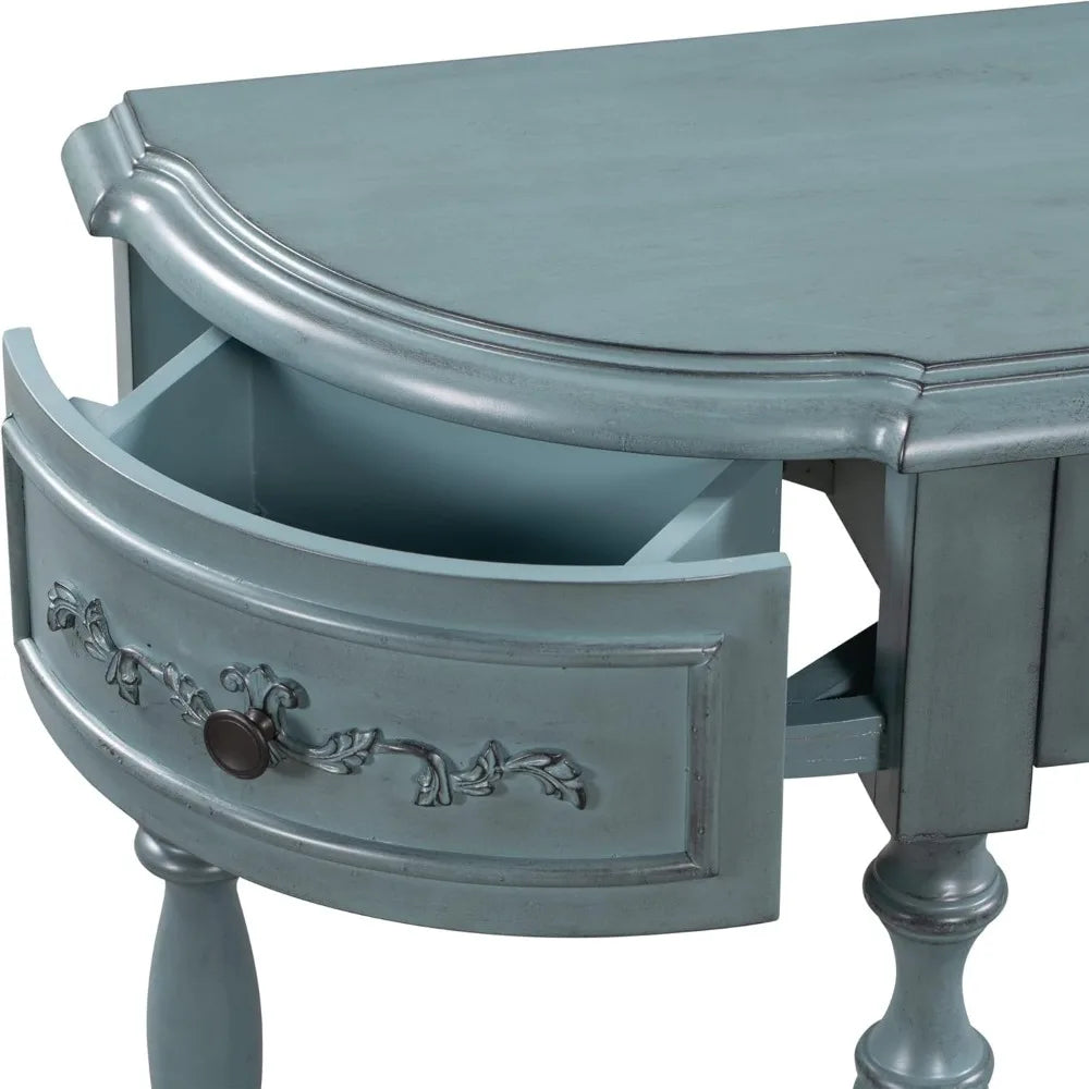 Retro Circular Curved Console Table with 4 Drawers and Bottom Shelf