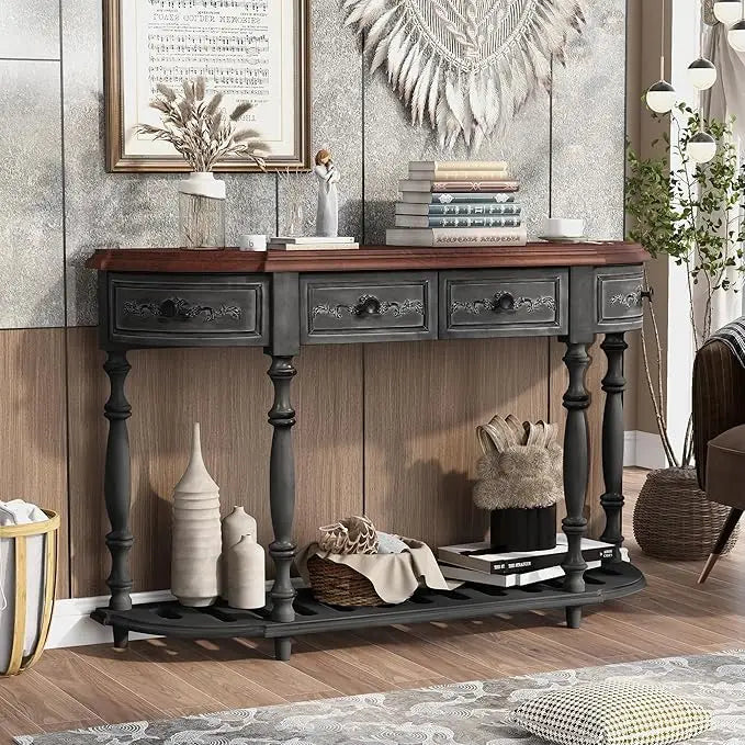 Retro Circular Curved Console Table with 4 Drawers and Bottom Shelf