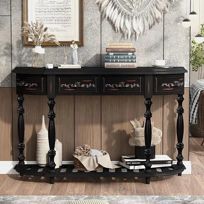 Retro Circular Curved Console Table with 4 Drawers and Bottom Shelf