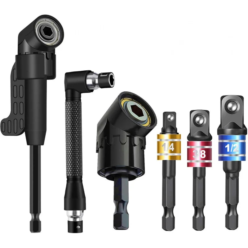 6Pcs Right Angle Drill Attachments: Includes 2Pcs Hex Shank,105° Angle Drill Adapter and 90° Angled Bits-3Pcs Drill-Bit-Kit