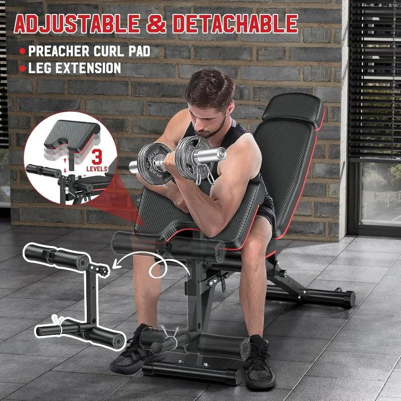 Workout Adjustable Weight Bench with Leg Extension and Leg Curl, Extended Headrest, 900LBS