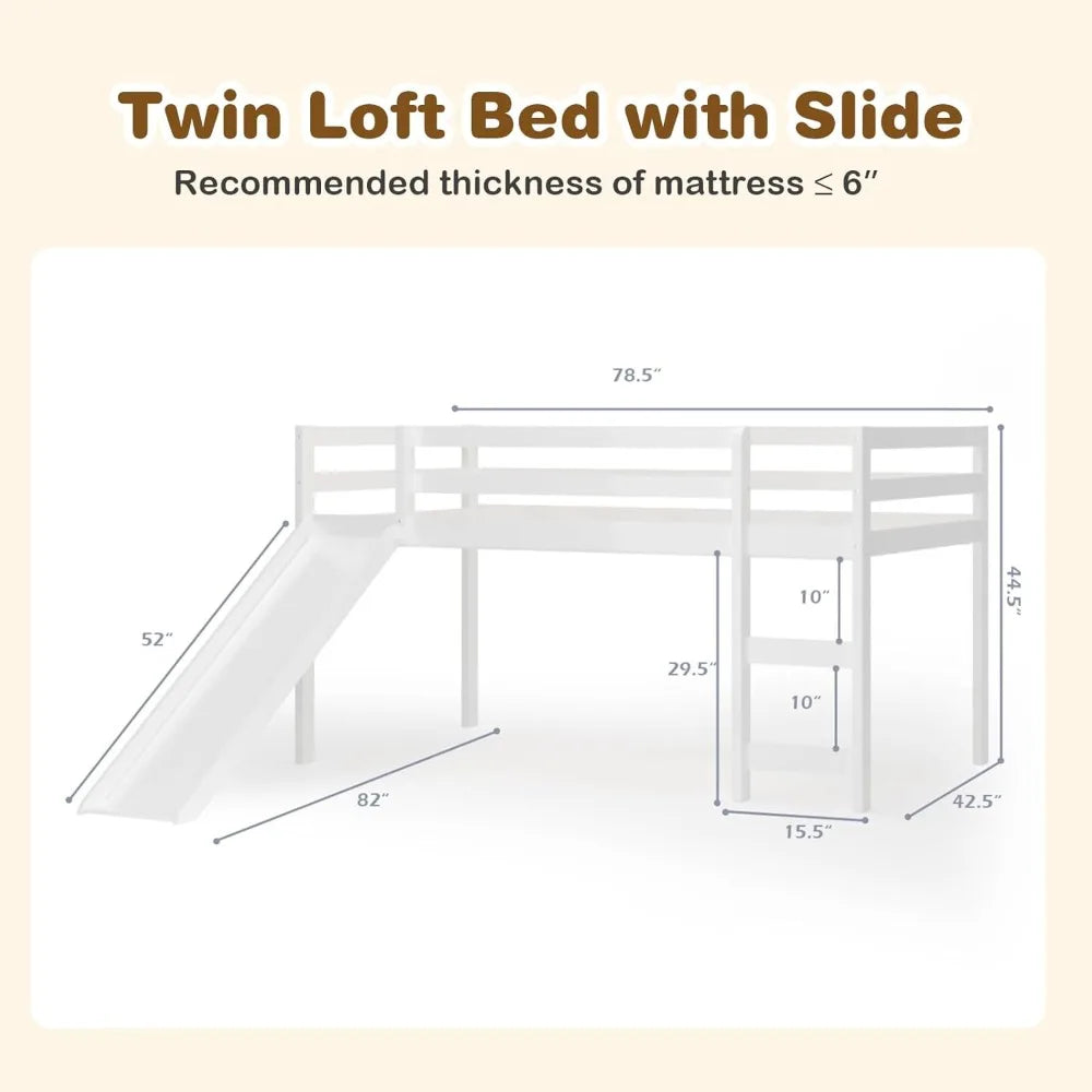 Wooden Twin Size Kids Loft Bed with Slide, Climbing Ladder, and Storage for Toddlers and Girls, White
