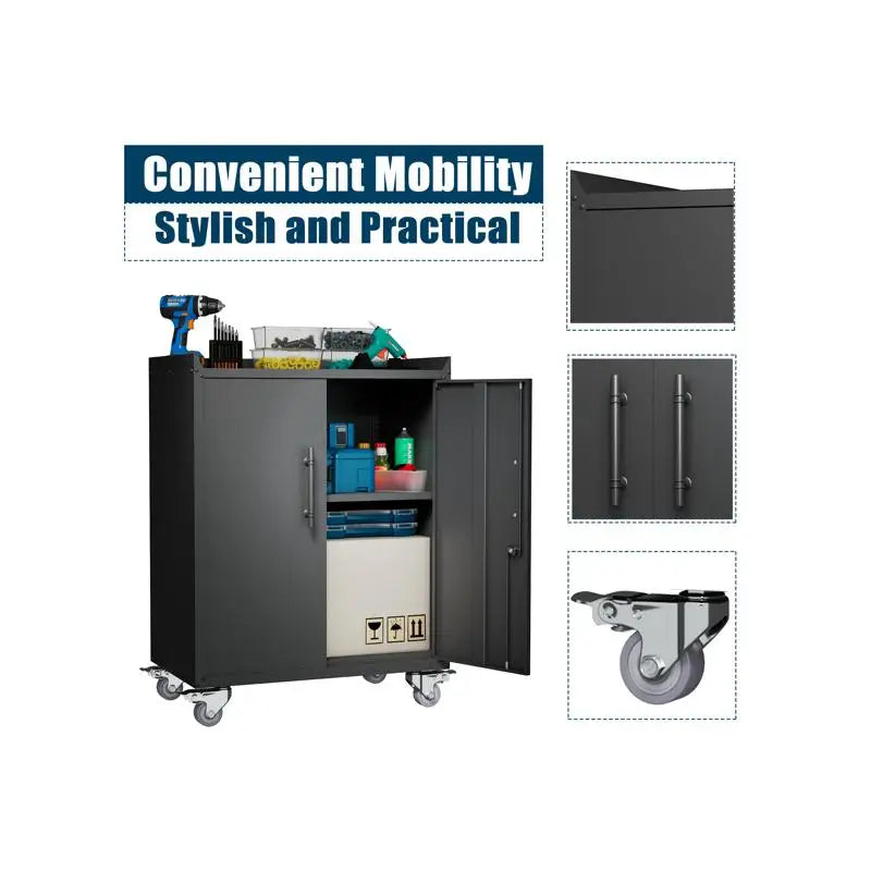 Lockable 2-Door Tool Cabinet for Garage, Rolling Locking Metal Storage with Wheels, Tool Chest, Assembly Required