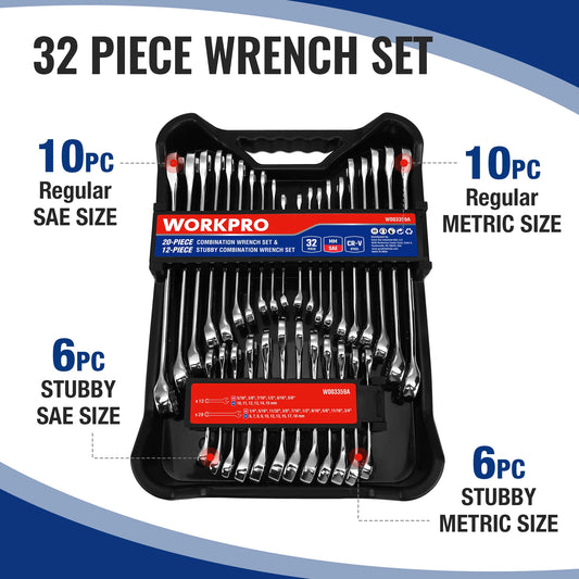 32-Piece SAE & Metric Combination Wrench Set, 20-Piece Standard wrenches and 12-Piece Stubby Wrenches with Organizer Tray