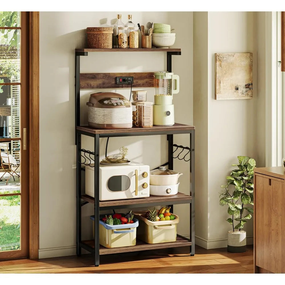 Kitchen Bakers Rack with Power Outlet, 4 Tier and 6 S-shaped Hooks. Shelves are adjustable. 5 Colors