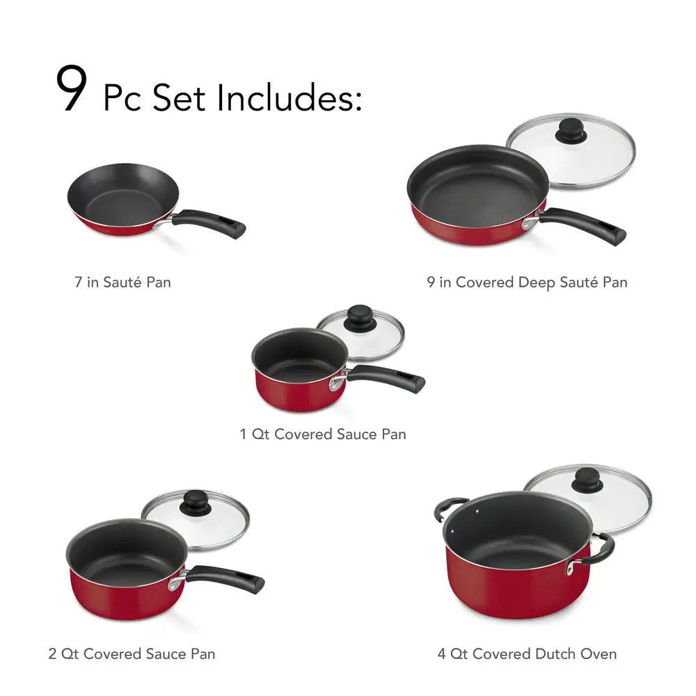 9-Piece Non-Stick Cookware Set with Tempered Glass Lids, Red