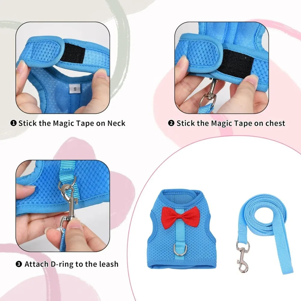 Bunny Harness and Leash Set with Cute Bow, Soft, Breathable Mesh Vest/Harness for Rabbits, Kittens, Ferrets, Small Pigs, Puppies