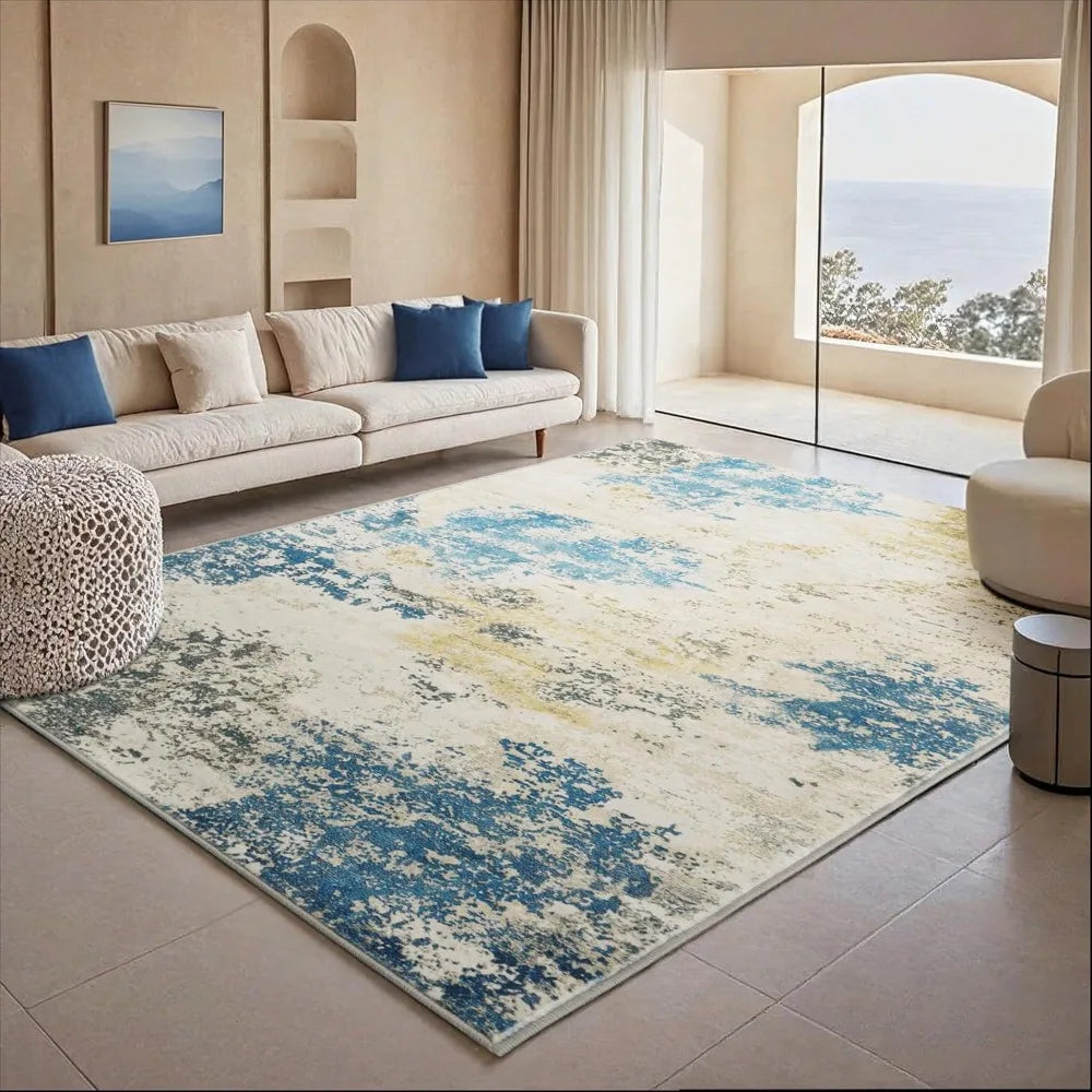 Area Rug , Blues, Modern Abstract, Nonslip Backing , Brightens up the Room