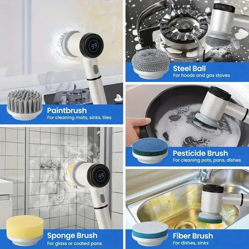Electric Spin Scrubber, Cordless Shower Scrubber with Battery Level Display, 3 Speeds, Electric Scrubber with 5 Different Heads