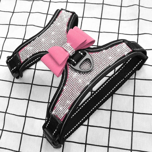 Reflective Dog Harness, Nylon Dog Harness/Vest, Bling, Rhinestone, with a Bow
