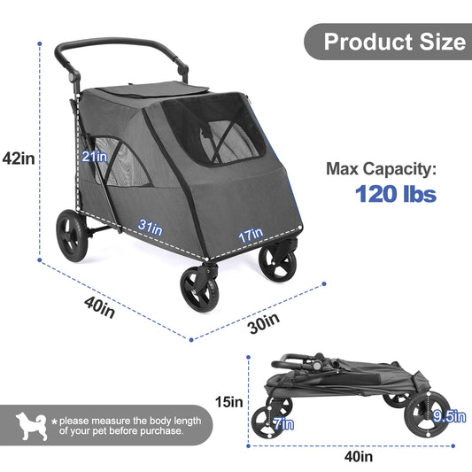 360° Swivel Breathable Pet Stroller-4 Wheels Rotate, Brakes, Height-Adjustable for Medium, Large Dogs