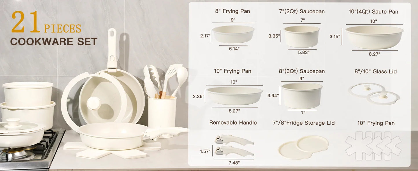 21 Piece Pots and Pans Set Non-Stick,  Ceramic Cookware Set with Sensor Handles, Milky white