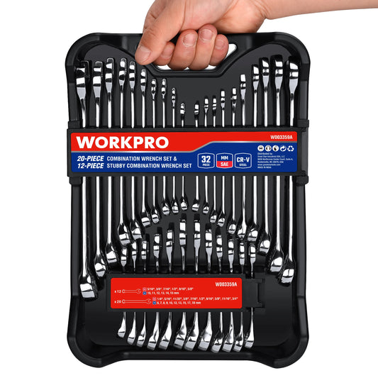 32-Piece SAE & Metric Combination Wrench Set, 20-Piece Standard wrenches and 12-Piece Stubby Wrenches with Organizer Tray