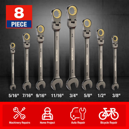 8pcs Flex-Head Ratcheting Combination Wrench Set, SAE 5/16-3/4 in 72-Teeth CR-V Constructed, Choice of 14 different Sets