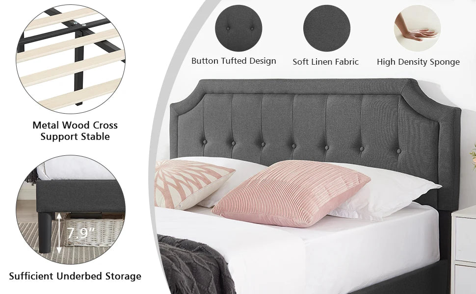 Queen, Full or Twin  Size Platform Bed Frame with Fabric Upholstered Headboard and Wooden Slats Support, No Box Spring Needed/Assembly,