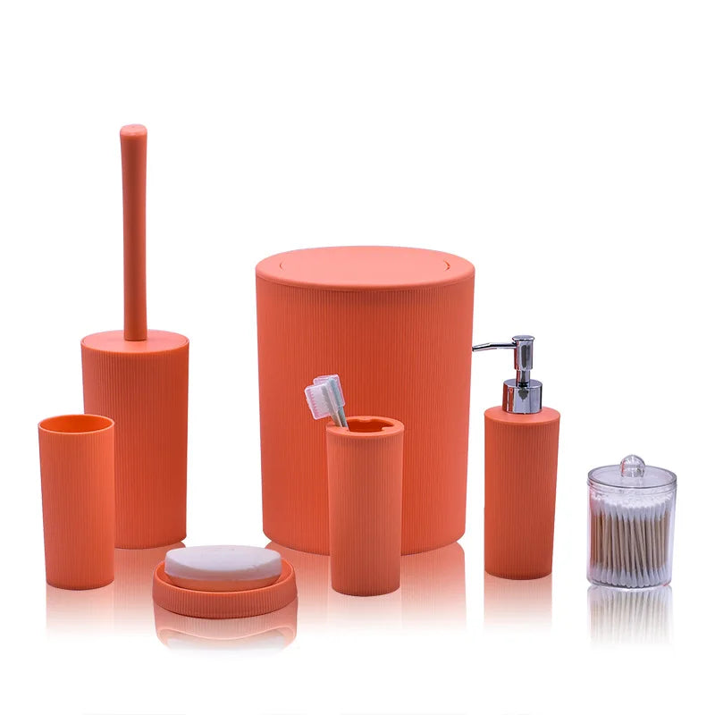 7pcs/set Modern Plastic Bathroom Accessories Set ,with Soap Dish, Toothbrush Holder, Dispenser, Toilet Brush, Trash can, Q-tip holder, Cup