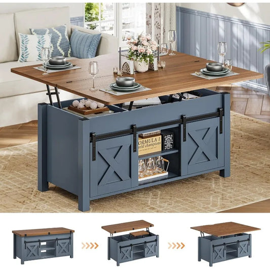 Farmhouse Lift Top Coffee Table, Blue with Woodgrain Top, and Storage
